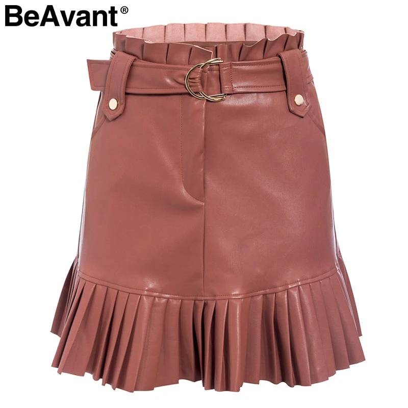 BeAvant, сексуальный пояс, искусственная кожа, Женская юбка, осень, с оборками, высокая талия, Женская мини-юбка, трапециевидные, вечерние, для клуба, для девушек, короткие юбки - Цвет: Brown