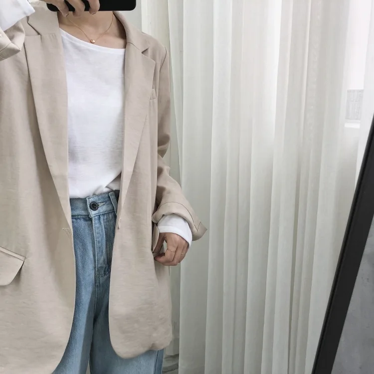 

Reserved by Oneself-Elegant Kaki/Black And White with Pattern Thin Coat Korean-style Simple One-Button Loose-Fit Long Sleeve Cas