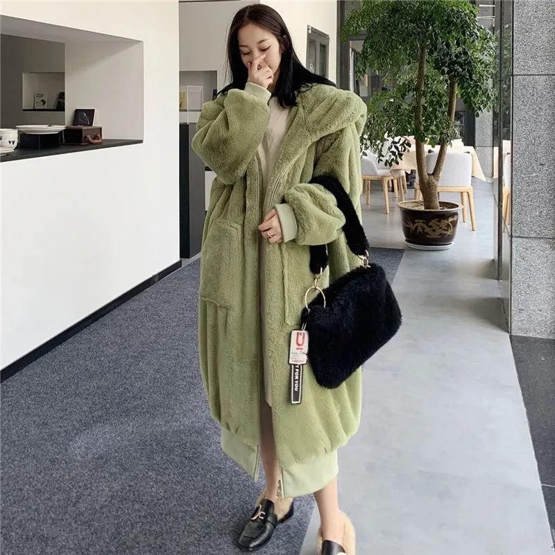 pea green Пальто из искусственного меха, женские повседневные толстовки, меховое пальто, длинная куртка из искусственного меха кролика, свободное зимнее пальто, женские толстые теплые плюшевые меховые пальто - Цвет: pea green