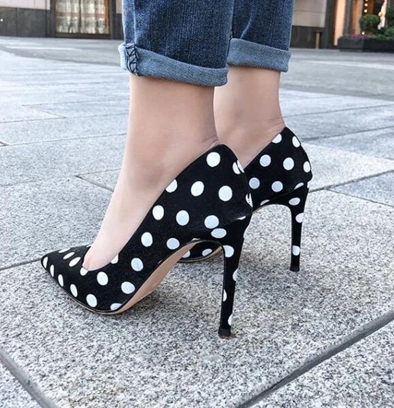 Zapatos de tacón alto para mujer, moda de lunares blancos y negros, puntiagudos sexys, zapatos de talla grande de tacón de mujer| - AliExpress