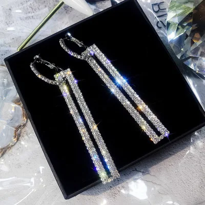 silver Модные длинные геометрические висячие серьги, роскошные золотые серебряные прямоугольные стразы, серьги для женщин, вечерние ювелирные изделия, подарок - Окраска металла: silver