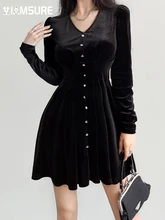 

IAMSURE Solid Basic Velvet A-Line Dress Autumn Spring Slim V-Neck Long Sleeve Mini Dresses For Women 2021 Elegant Fashion Ladies