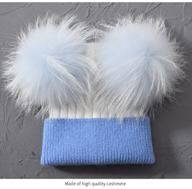 Jaxmonoy Baby Winter Real Fur Ball Beanie Hat Warm Cute Fashion Fluffy Real  White Big Raccoon Fur Pom Poms Kids Knitted Hats