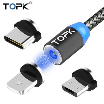 TOPK AM17 1M LED magnetyczny kabel USB dla iPhone Xs Max 8 7 6 i rodzaj USB C i kabel Micro kabel USB do samsunga Xiaomi LG USB C