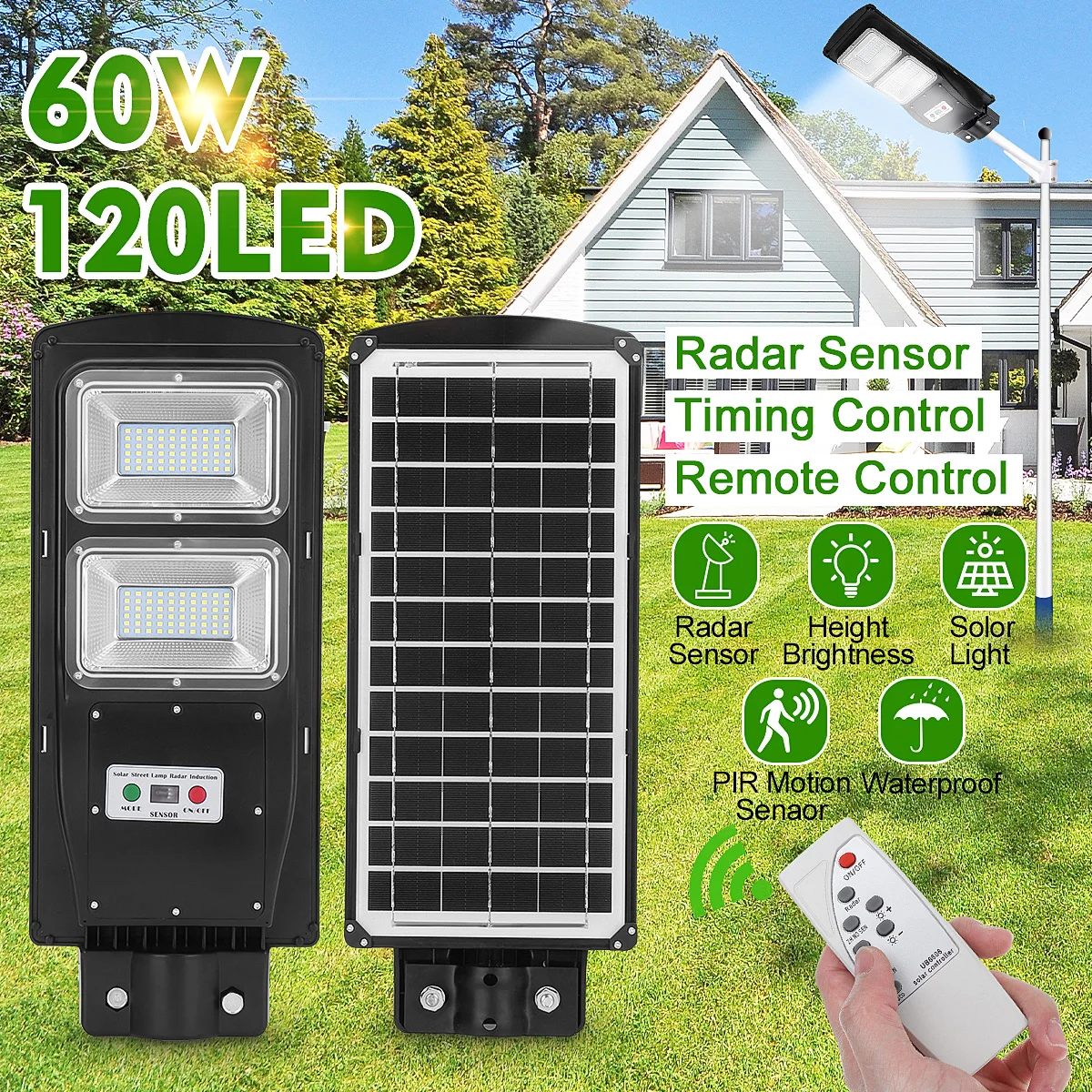 580000LM LED Solar Street Light Motion Sensor Outdoor Wall Lamp Timing Remote 