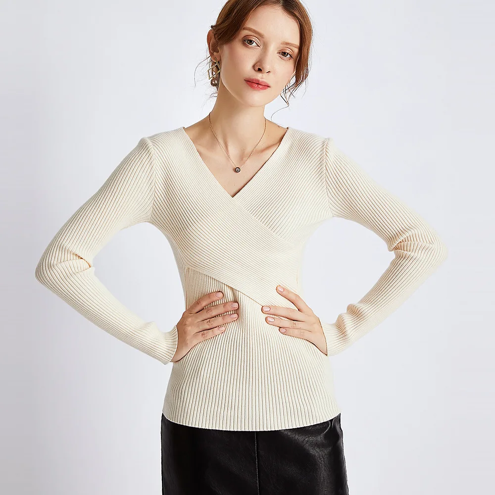 

HLBCBG Autumn winter V-NECK thick Sweater Pullovers Women Long Sleeve casual 2020 cross Sweater knit Jumpers top