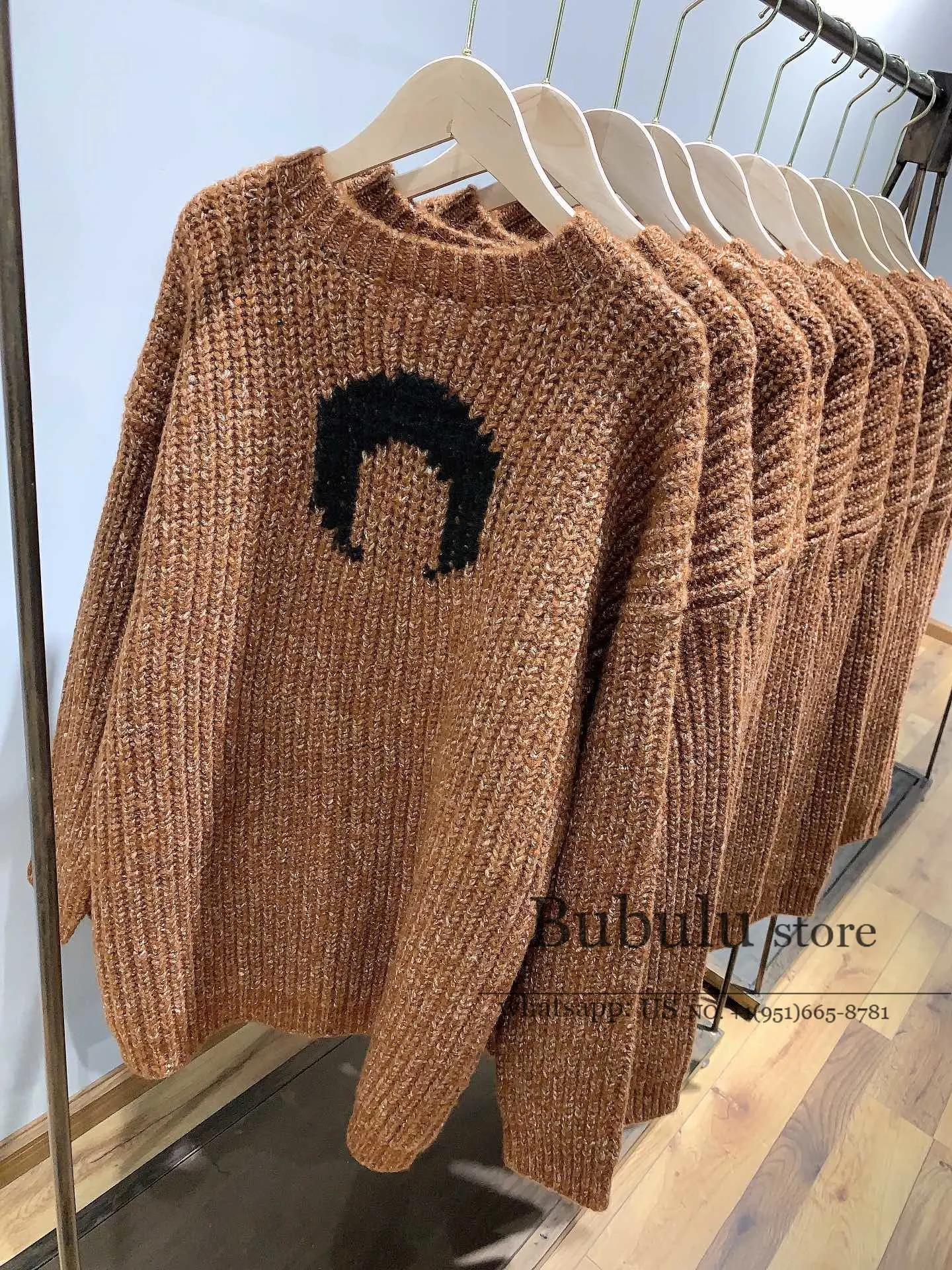 

2020 New Style Autumn Winter Caramel round Neck Loose Wild BF Wind Profile Personality-and-a-Half Stitching Knitted wool Sweater