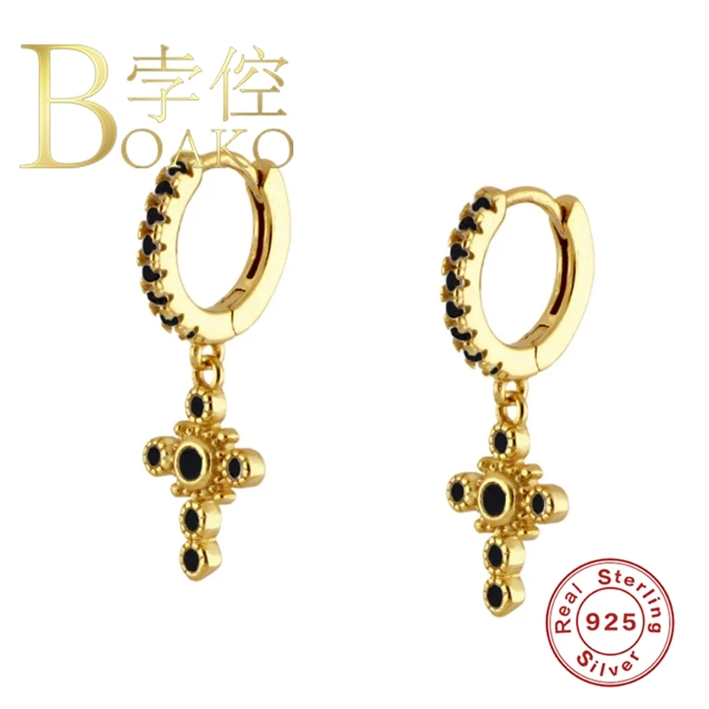 

925 Sterling Silver Hoop Earrings For Women Drop Cross Black Zircon Crystal Circle Earring Hoops Round Earings Jewelry Pendiente