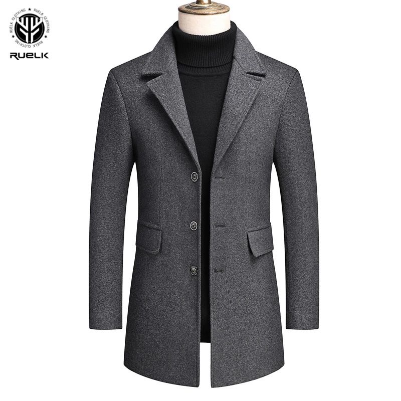 RUELK 2020 Autumn And Winter Men's Woolen Coat Wool Mid-Length Windbreaker Over The Knee Woolen Cloth Solid Color Men Clothing RUELK 2020 Autumn And Winter Men's Woolen Coat Wool Mid-Length Windbreaker Over The Knee Woolen Cloth Solid Color Men Clothing