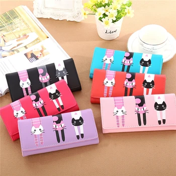 

New Clutch Bag Vertical section square PU Leather Cute cartoon student zipper cat wallet purse ladies long cute wallet