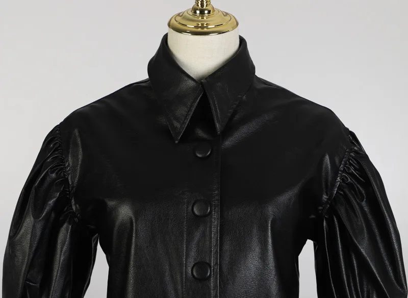 DEAT new turn-down collar lantern sleeves single breasted PU leather short jacket female coat high quality WJ05601M