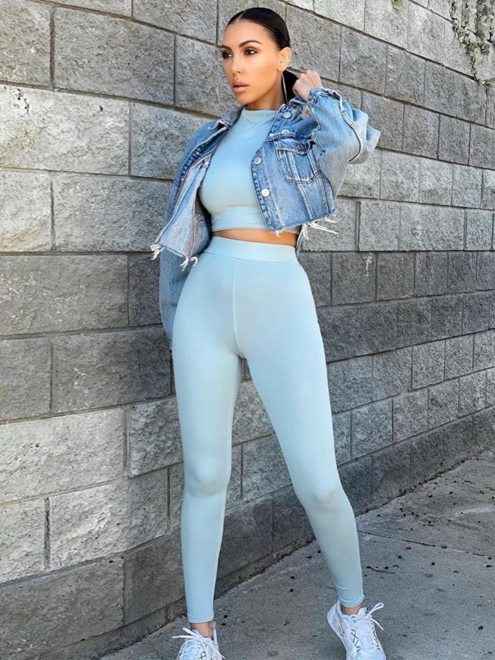 Two Piece Sets Women Solid Autumn Tracksuits High Waist Stretchy Sportswear Hot Crop Tops And Leggings Matching Outfits pink sweat suits