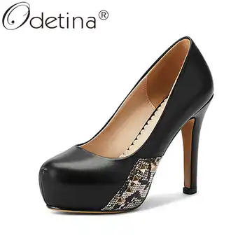 

Odetina Women Office Lady Slip On Rivet Snakeskin Casual Shoes Ladies New Block Extreme High Heel Platform Round Toe Dress Shoes