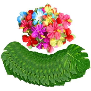 

60Pcs Tropical Party Decorations Supplies Tropical Palm Leaves Hibiscus Flowers Simulation Artificial Leaf for Hawaiian Luau Saf