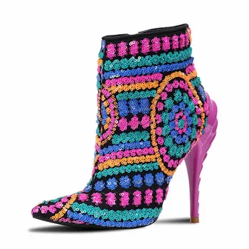 

2020 New Colorful Bling Paillette Ankle Boots for Women High Heels Pointed Toe Botas Mujer Women Pumps Valentine Shoes
