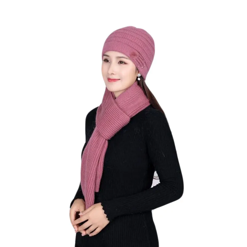 

2 Pieces Set New Winter Rabbit Fur Hat And Scarf For Women Thick Caps Female Mom Lady Winter Casual Solid Color Wool Knitted Hat