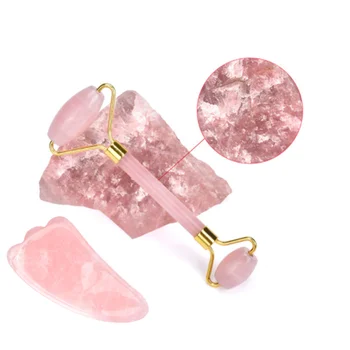 

Rose Quartz Massage Roller FACE Gouache Scraper for Facical Massage 100% Natural Jade Guasha Scraper Face Massage Roller Set