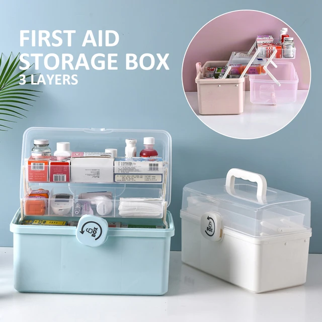 Blue / Pink Medicine Organizer Box PP Fold 3-Layer Large Medicine