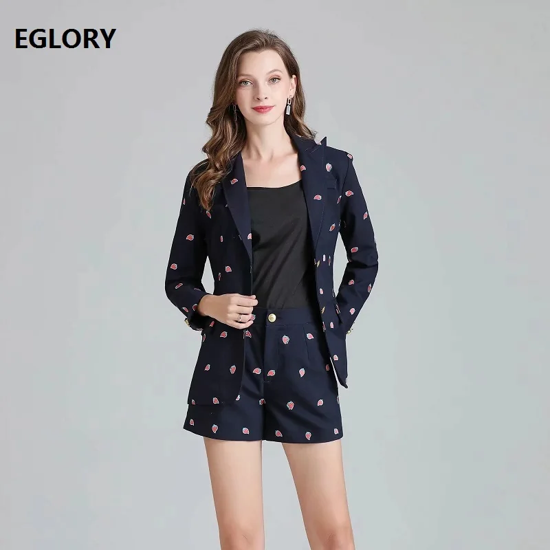 

High Quality Blazer Sets 2019 Autumn Short Suit Women Strawberry Embroidery Blazer Jacket+Blue Short Sets 2 Piece Casual Suit