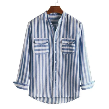 

Hot Fashion Men Striped Double Pockets Stand Collar Long Sleeve Button Shirt Top Double Pockets Stand Collar Button Shirt Top