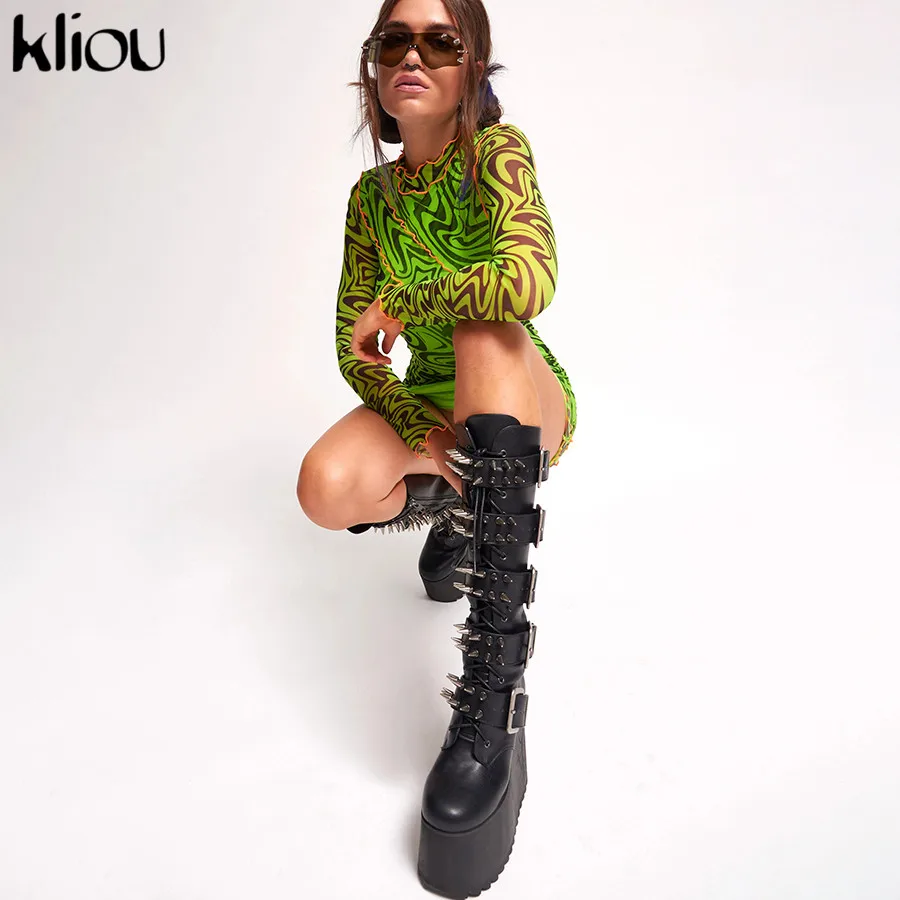 Kliou Fall Sexy Club Dresses women Fashion Print High Neck ruffles Long Sleeve Mini slim Bodycon Dress sexy mesh fabric