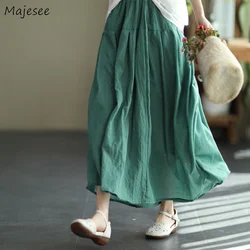 Skirts Women Summer Cotton Linen Comfortable Ankle Length Elegant Fairy Minimalist Chinese Style 6-colors Casual A-line Solid