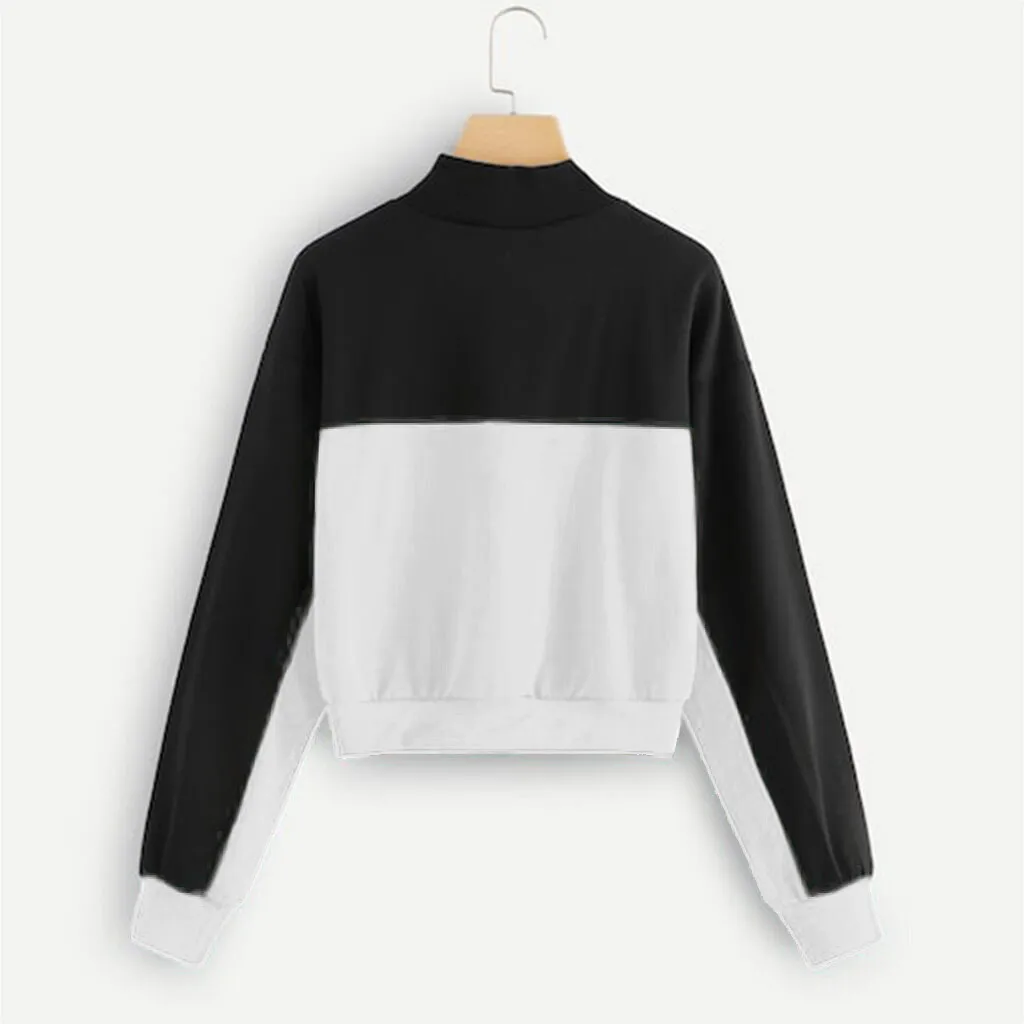 Jaycosin 2019 Fashion Autumn Women Simple Loose Colorblock Zipper Sweatshirt Stylish Long Sleeve Comfortable Casual Blouse 108#4