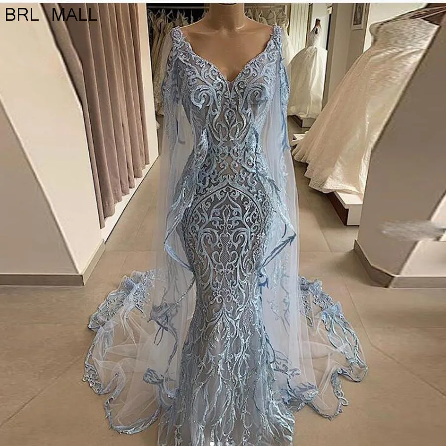 Robes de soireue, синие кружевные вечерние платья русалки с шалью, элегантное вечернее платье с v-образным вырезом, вечерние платья