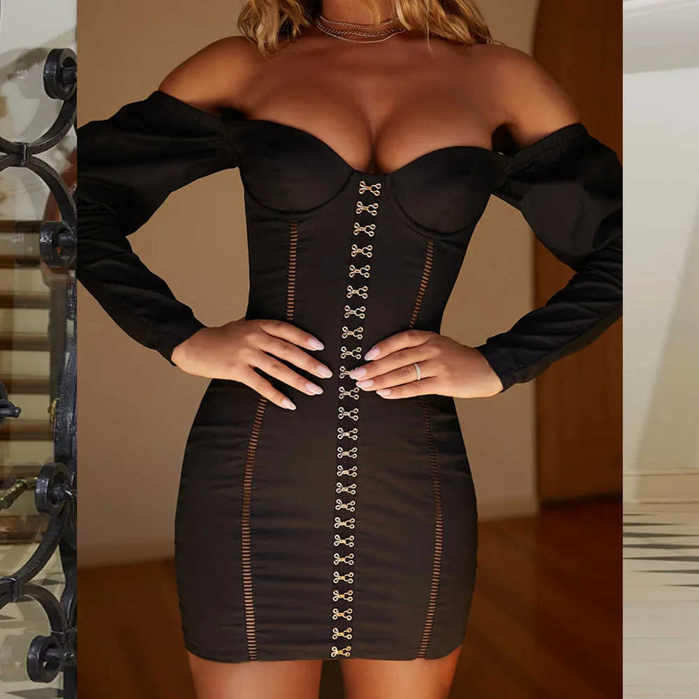 Женское осенне зимнее сексуальное платье с открытыми плечами облегающее