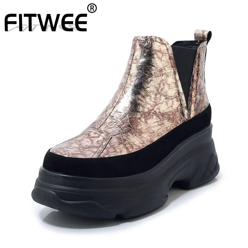 FITWEE/2020 г. Хит продаж женские ботильоны из натуральной кожи на толстой подошве