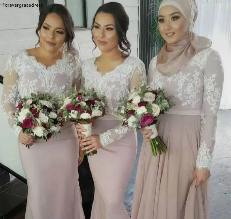 White Lace Nude Long Sleeves Bridesmaid Dresses Muslim Arabic Women Formal Gowns Plus Size Mermaid Wedding Party Dress 93 (2)