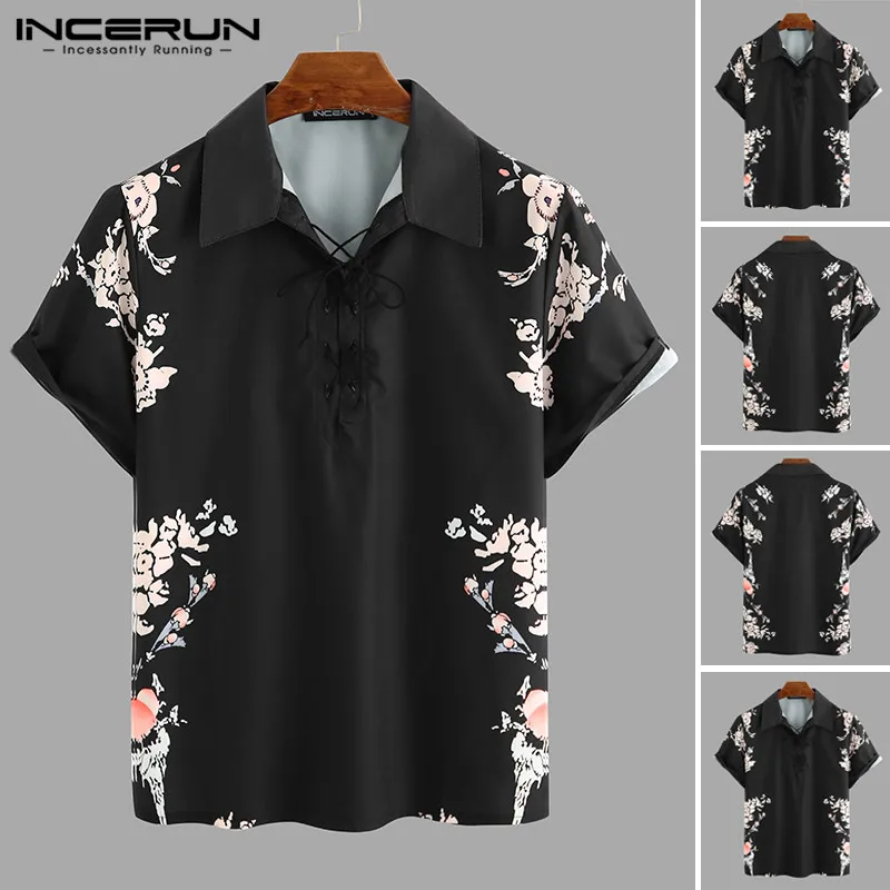 Mens Short Sleeve Shirts Man Floral Print Retro Lapel Shirt Men Casual Lace Up Black Blouse Summer Breathable Tops Plus Size