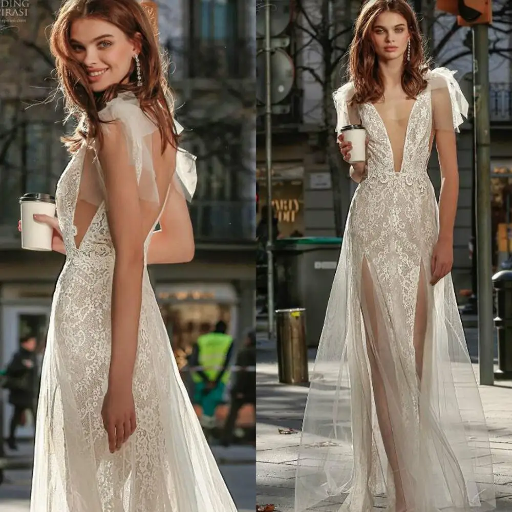Vestidos largos de chiffon con encaje en escote en V profundo y espalda descubierta Champán Tallas Grandes