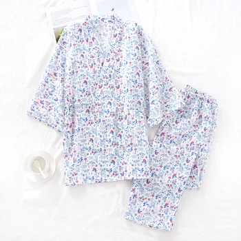 

Loungewear Women Cotton Kimono Pajamas Set Sweet Printed Trousers Half-sleeved Thin Section Ladies Home Pajamas Set Schlafanzug