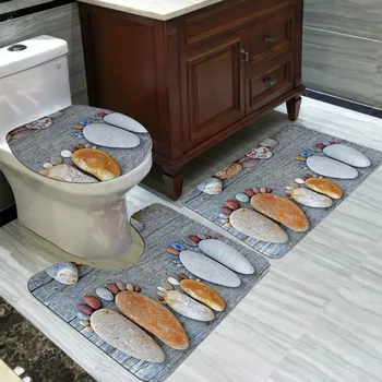 

Art Rug Set 3-Piece Flannel Printed Mat Stone Design Bath Mat Anti-Slip Absorbent Toilet Household Location Carpet Faux Rugs