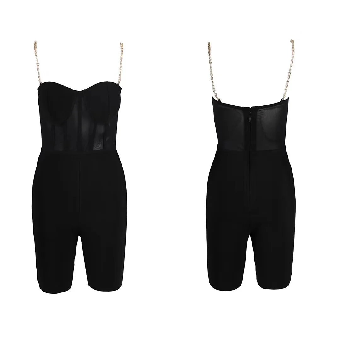 Simly Tara New Summer Bandage Jumpsuit Rompers Sexy Sleeveless Yellow Black Bodycon Night Club Playsuits