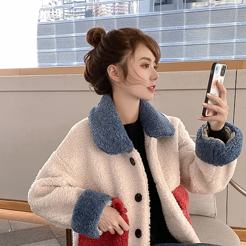 Fashion Street Beat Warm Coat Autumn And Winter Long-sleeved Lapel Thick Lamb Hair button jacket Female Casual |