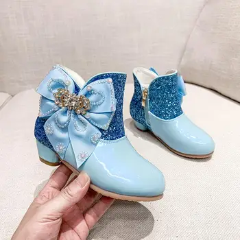 

Disney Elsa Princess shoes Children Cartoon Boots leather Sequin Winter Fashion Boots girls Genuine Wool Warming Over Knee boots