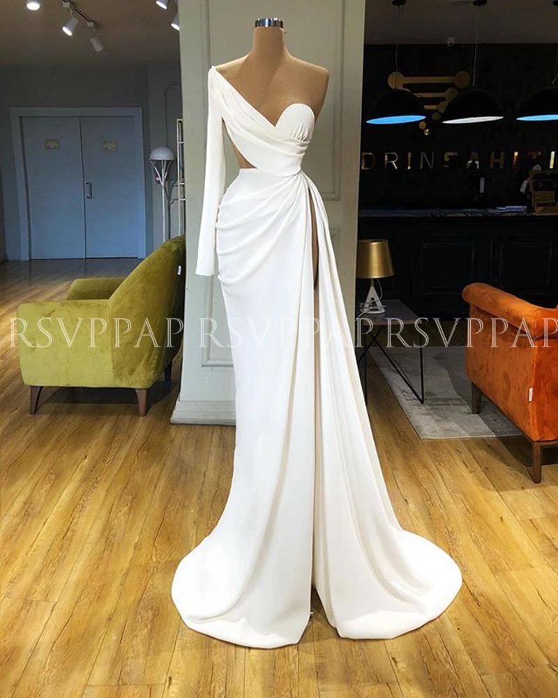 

Long Simple White Evening Dresses 2020 Sexy High Slit Single Long Sleeve One Shoulder Arabic Dubai Women Formal Party Gowns
