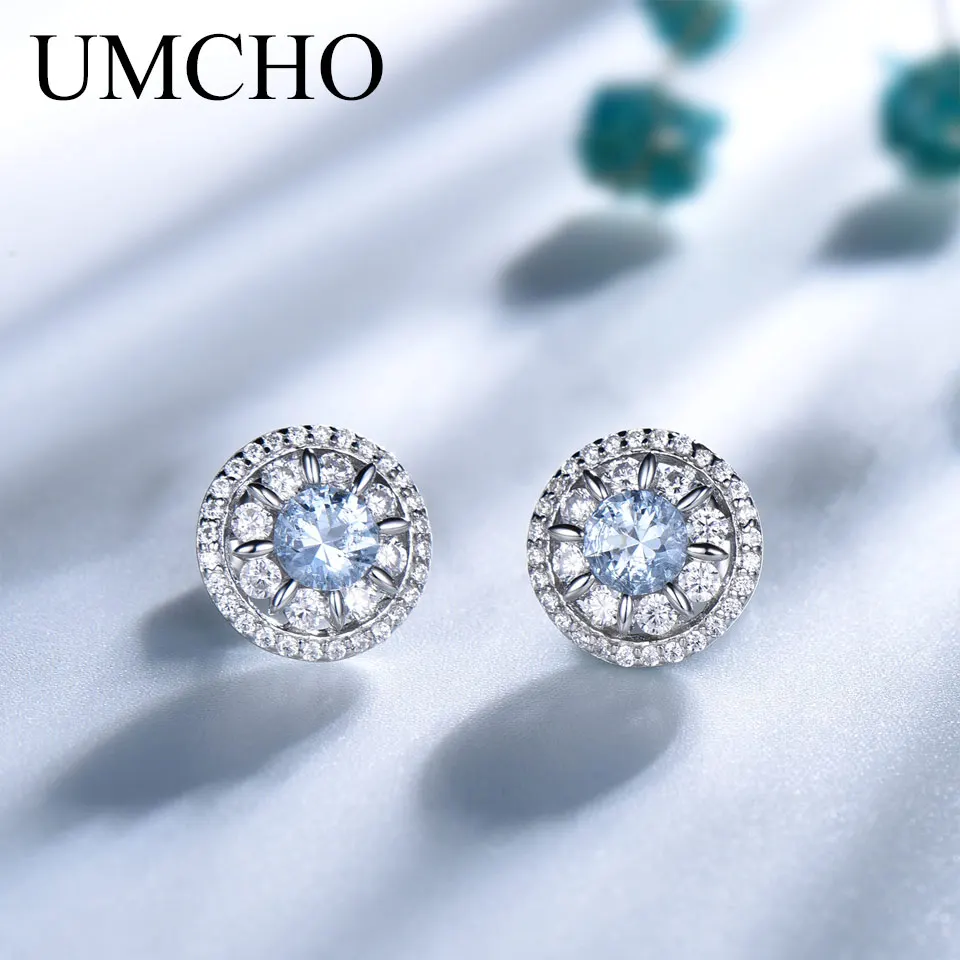 

UMCHO 925 Sterling Silver Stud Earrings For Women Sky Blue Topaz Gemstone Earrings Wedding Engagement Gift Fine Jewelry