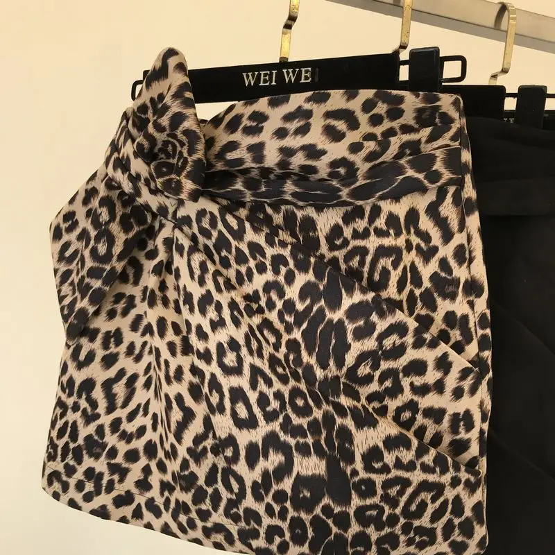 Beige Autumn New Retro Leopard Print High Waist Short Skirt Women Girls Slim Hip Irregular Knotted Skirts - Color: Beige