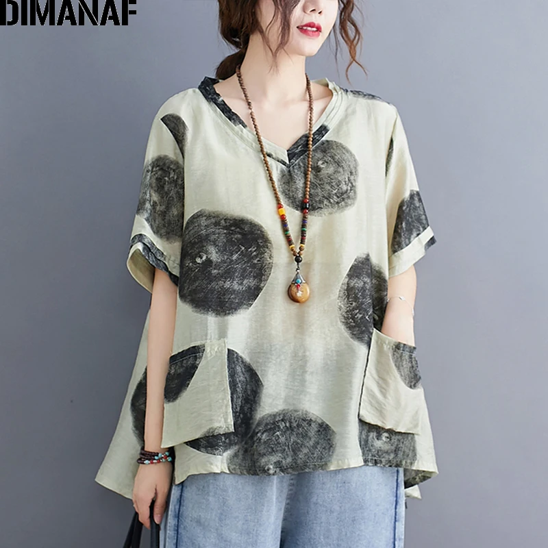 

DIMANAF Summer Plus Size T-Shirts Women Clothing Vintage Lady Tops Tees Tunic Loose Cotton Linen tshirt Print Dot Shirt Pockets