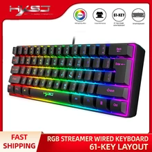 Hxsj 60% wired 61 teclas do teclado do jogo, mini teclado ultra compacto retroiluminado rgb, sentimento mecânico para o computador, mac, ps4 gamer