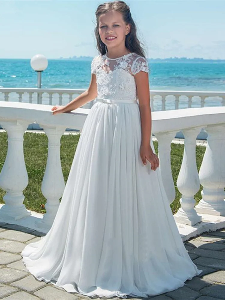 

White Flower Girls Dresses For Wedding Tulle Lace Long Girl Dress Party Christmas Dress Children Princess Costume For Kids