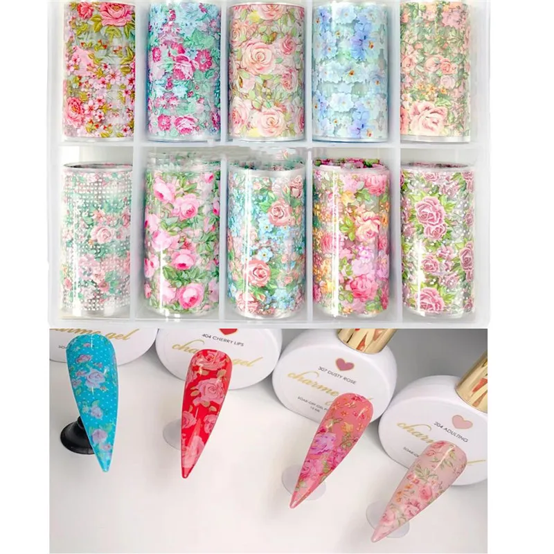 10 Pcs/set Holographic Nail Foil Flower Slider/Galaxy Transparent AB Color Nail Transfer Sticker Decals For Nail Foil Set NZ07