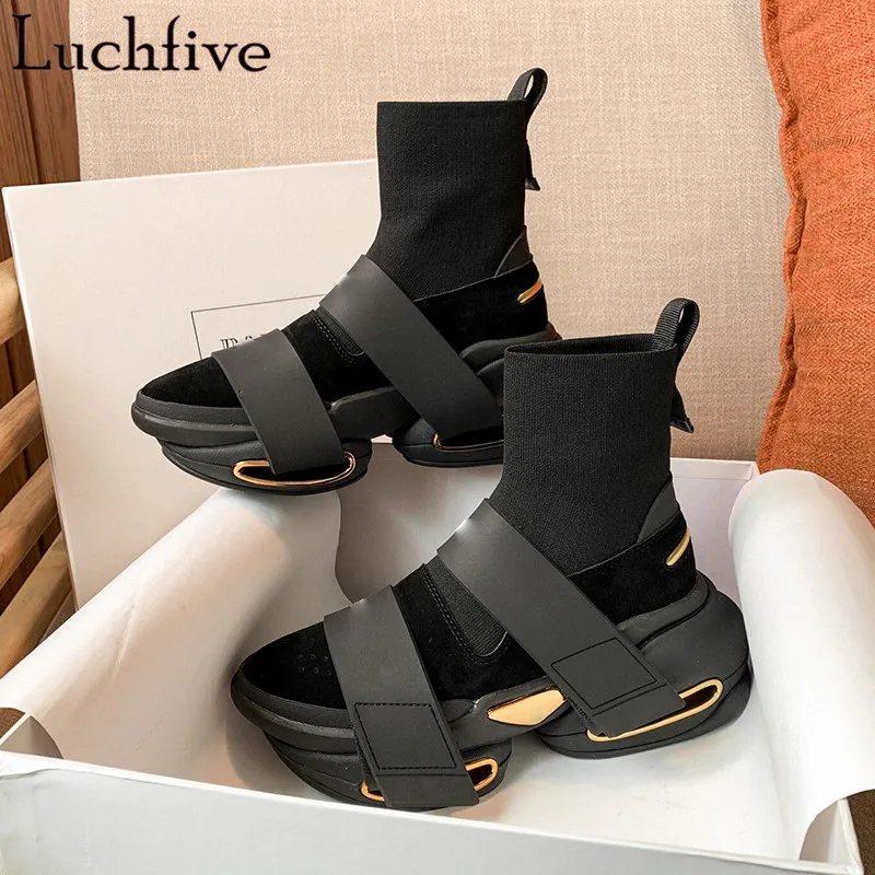 Elastic Buckle Strap Women Boots Pointy Toe Sock Boots Femme Stretch Fabric Shoes Woman Leisure Black Ankle Boots