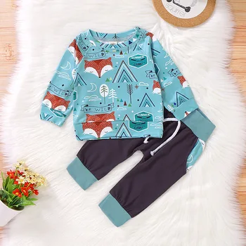 

Autumn Baby Boys Long Sleeve Cartoon Fox Print T-shirt Tops + Casual Trousers Girls Homewear Clothing Sets Kids Boys 2Pcs Suits