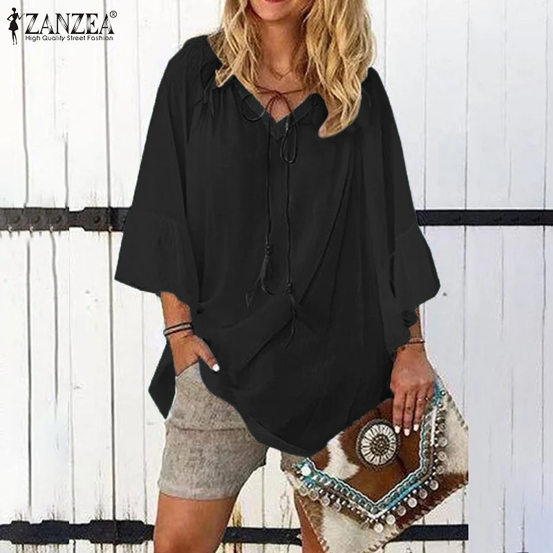 

2019 Summer Shirts Blouses ZANZEA Plus Size Female Casual Loose Tunic Tops 3/4 Sleeve V Neck Blusas Elegant Solid Chemiser Mujer