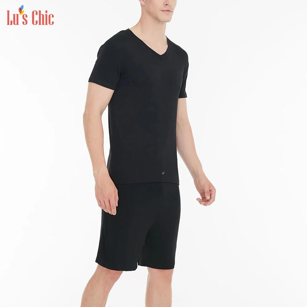 Lu's Chic Men's Short Sleeves Pajama Set Tops Shorts Summer Loungewear Modal Soft Sleep PJ Set Solid Cotton 2 Pieces Nightwear