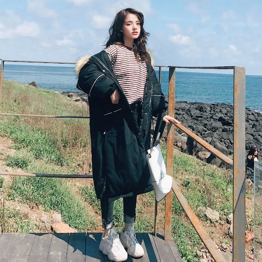 

Photo Shoot CHIC Korean-style Long Open Wire Covered Edge Black And White with Pattern over-the-Knee Parker Overcoat Hooded Larg